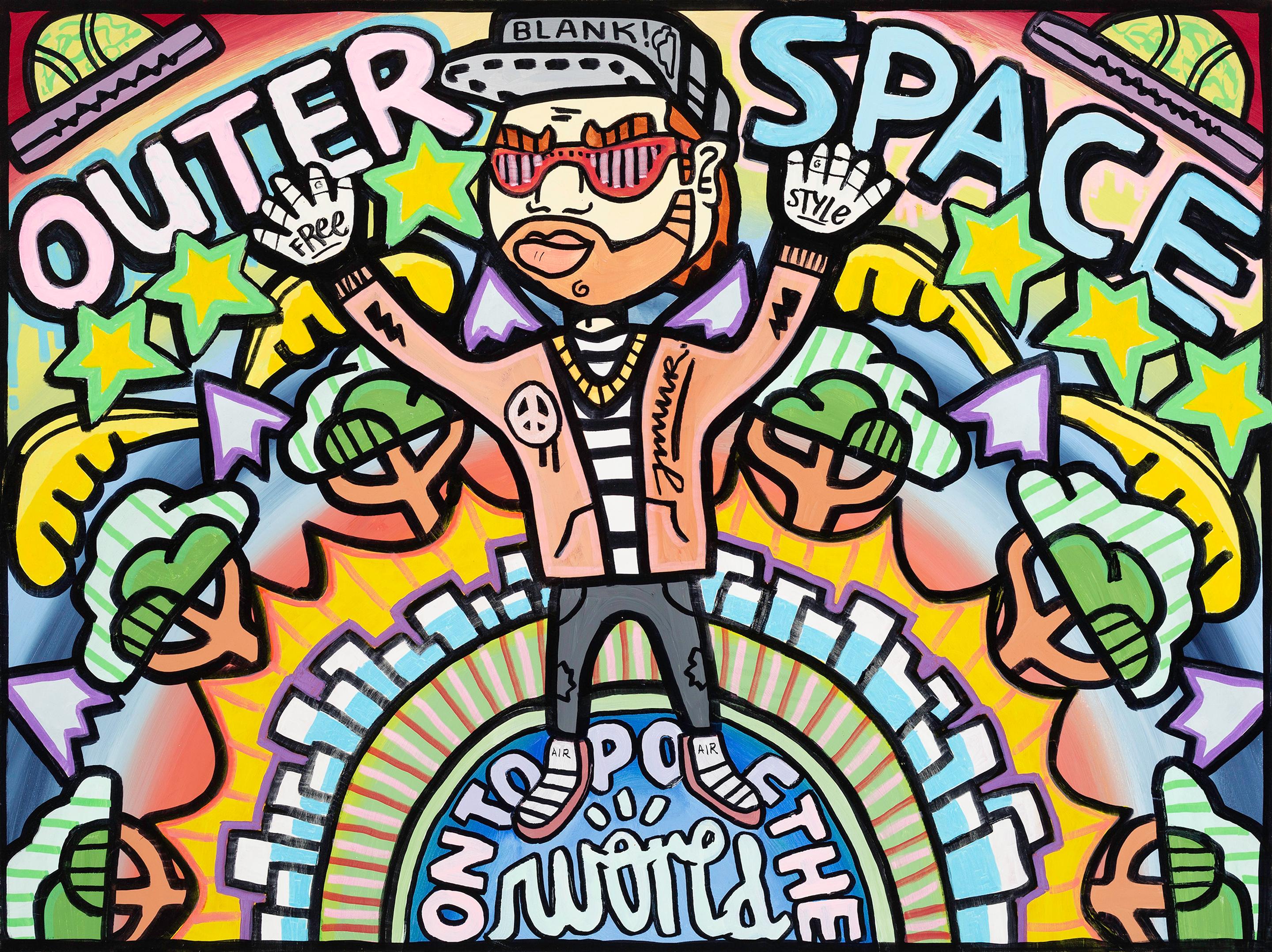 An illustrated figure wearing sunnies and baseball cap raises their hands, touching the words "outer space". They stand on a globe which has the words "on top of the world"