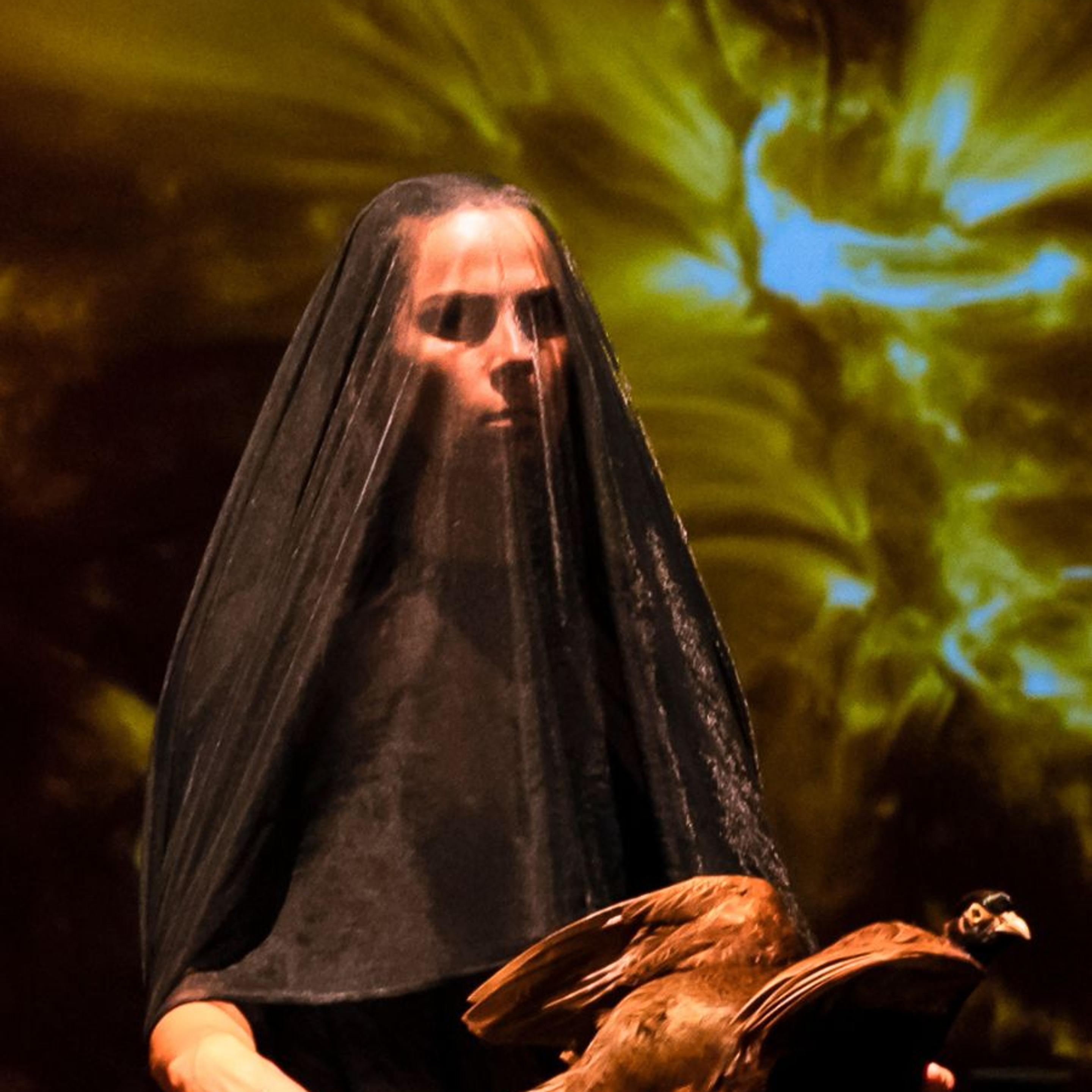 A woman stands in a dark veil, holding an eagle/bird creature. 