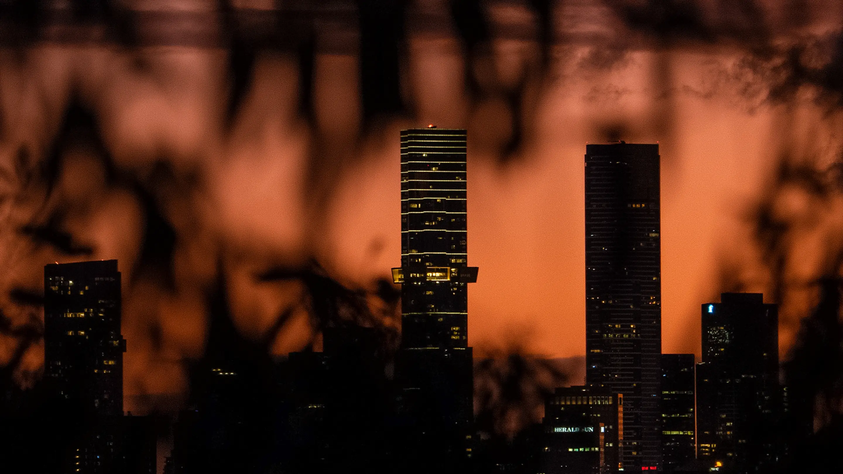 A view of the Melbourne city skyline at sunset framed by gum leaves